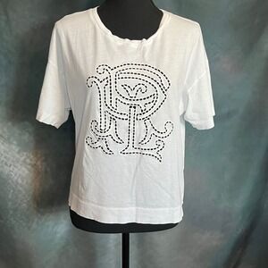 Polo Ralph Lauren Womens White Eyelet RL Logo Graphic T-Shirt Size M Relaxed Fit